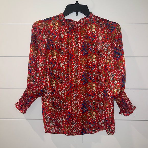 Rachel Zoe Women’s Red Sheer Floral 3/4 Sleeve Blouse Smocked Sleeve Medium - Picture 1 of 9